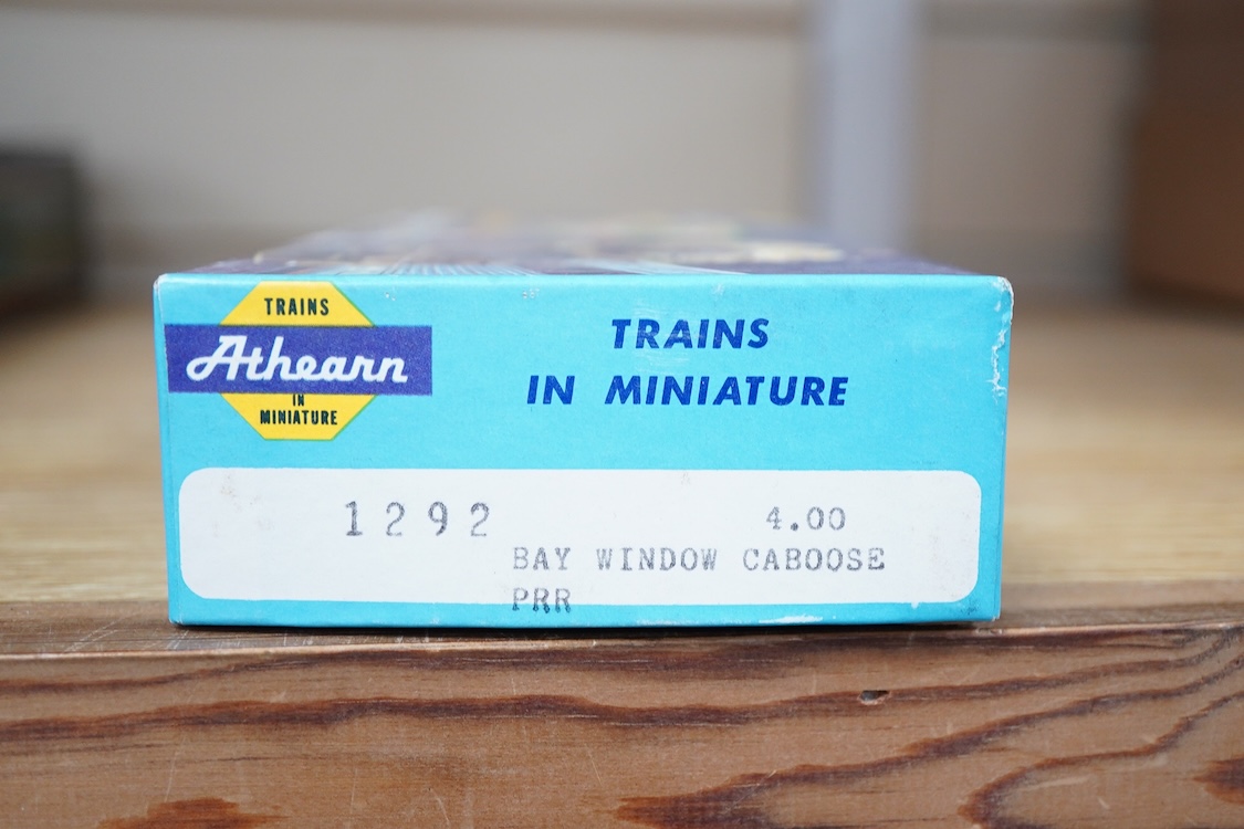 A quantity of US outline HO railway by Athearn, Bachmann, etc. including three locomotives; a Union Pacific Bo-Bo diesel, 1468, a Santa Fe Bo-Bo diesel, 5707, and a Santa Fe 0-4-0 tender engine, together with a 12-wheel